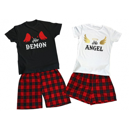 Piżamy dla par zestaw dla dwojga prezent na walentynki Her demon His Angel